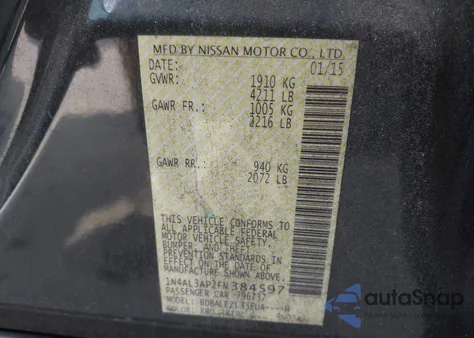 2015 Nissan Altima 2.5 S from USA, damaged, VIN 1N4AL3AP2FN384597
